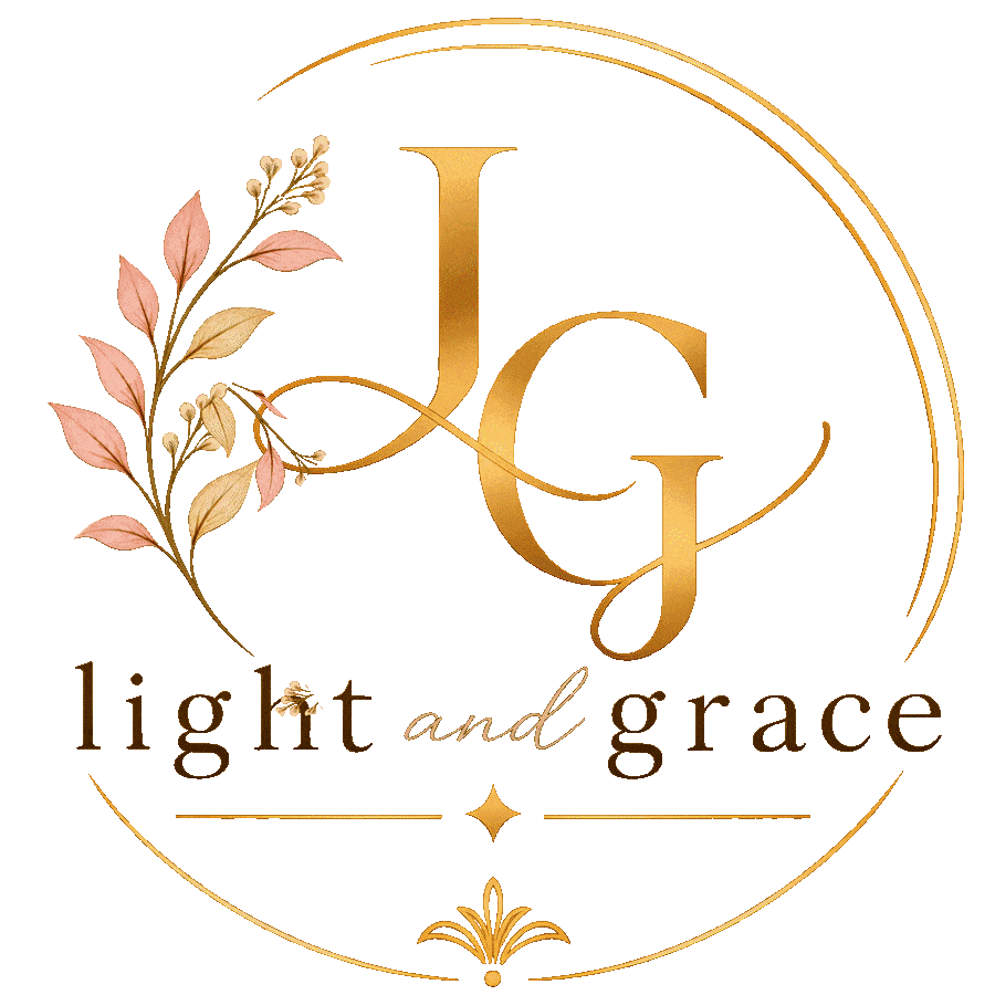 Light & Grace - gold JG monogram framed by a botanical sprig