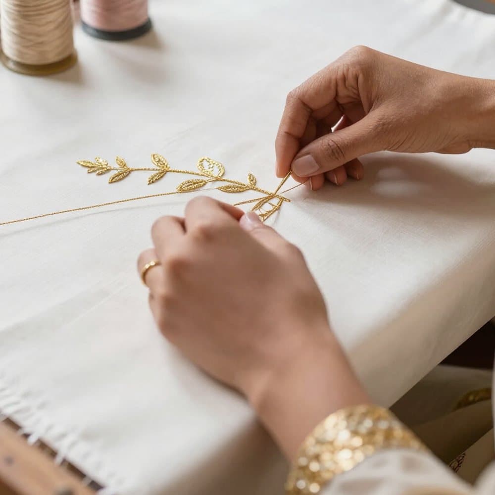Gold threadwork being embroidered by hand in the atelier