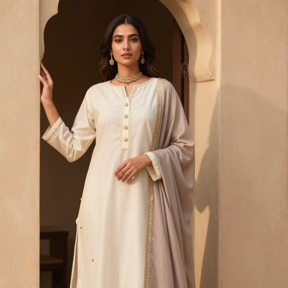 Ivory kurta layered under a taupe dupatta