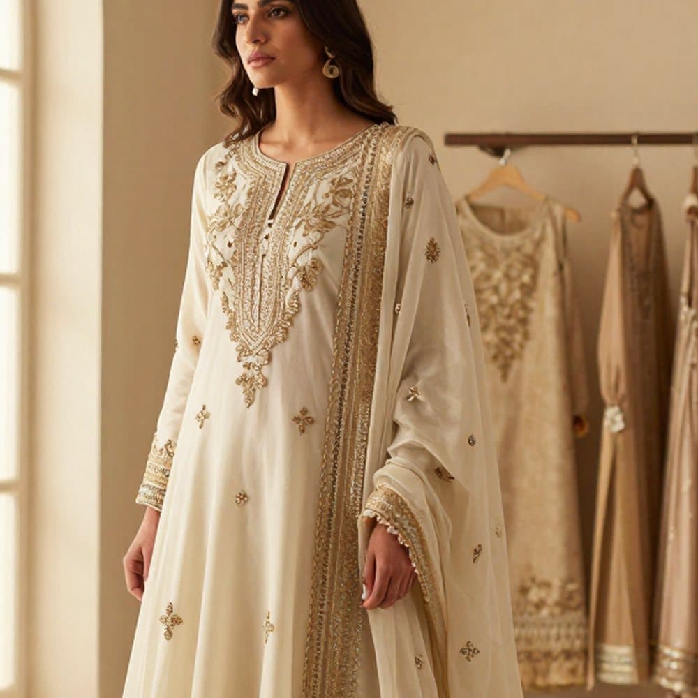 Ivory anarkali with gold work at the neckline