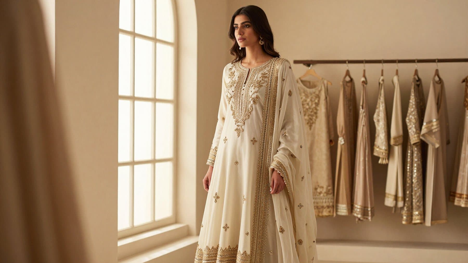 A model in an ivory and champagne embroidered outfit beside the boutique window, with the season's rail behind her