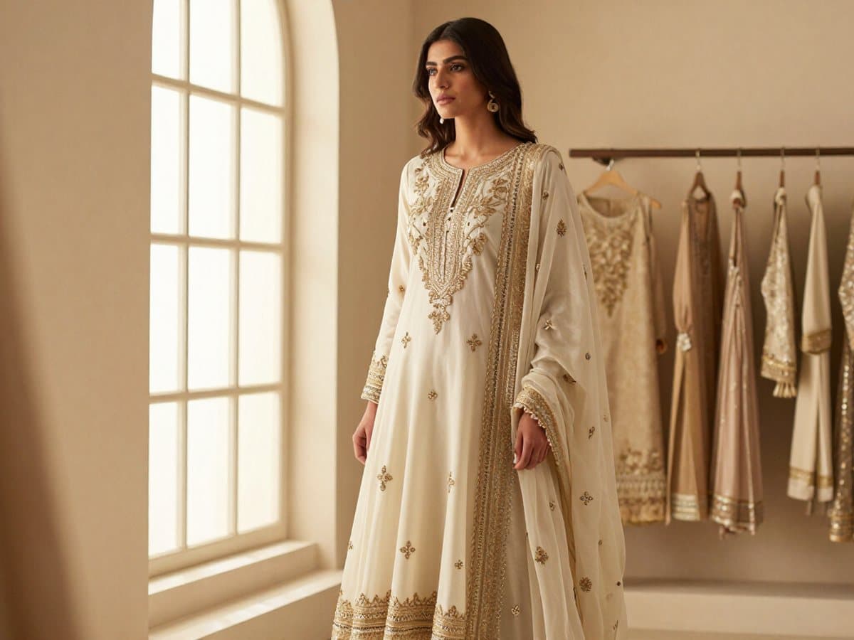 Ivory and champagne embroidered outfit worn beside the boutique window