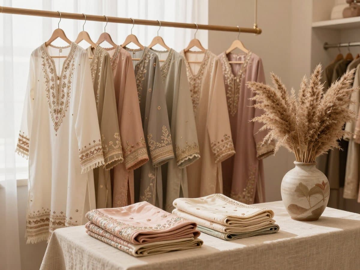 A rail of ivory, blush and sage garments beside folded fabrics in the boutique