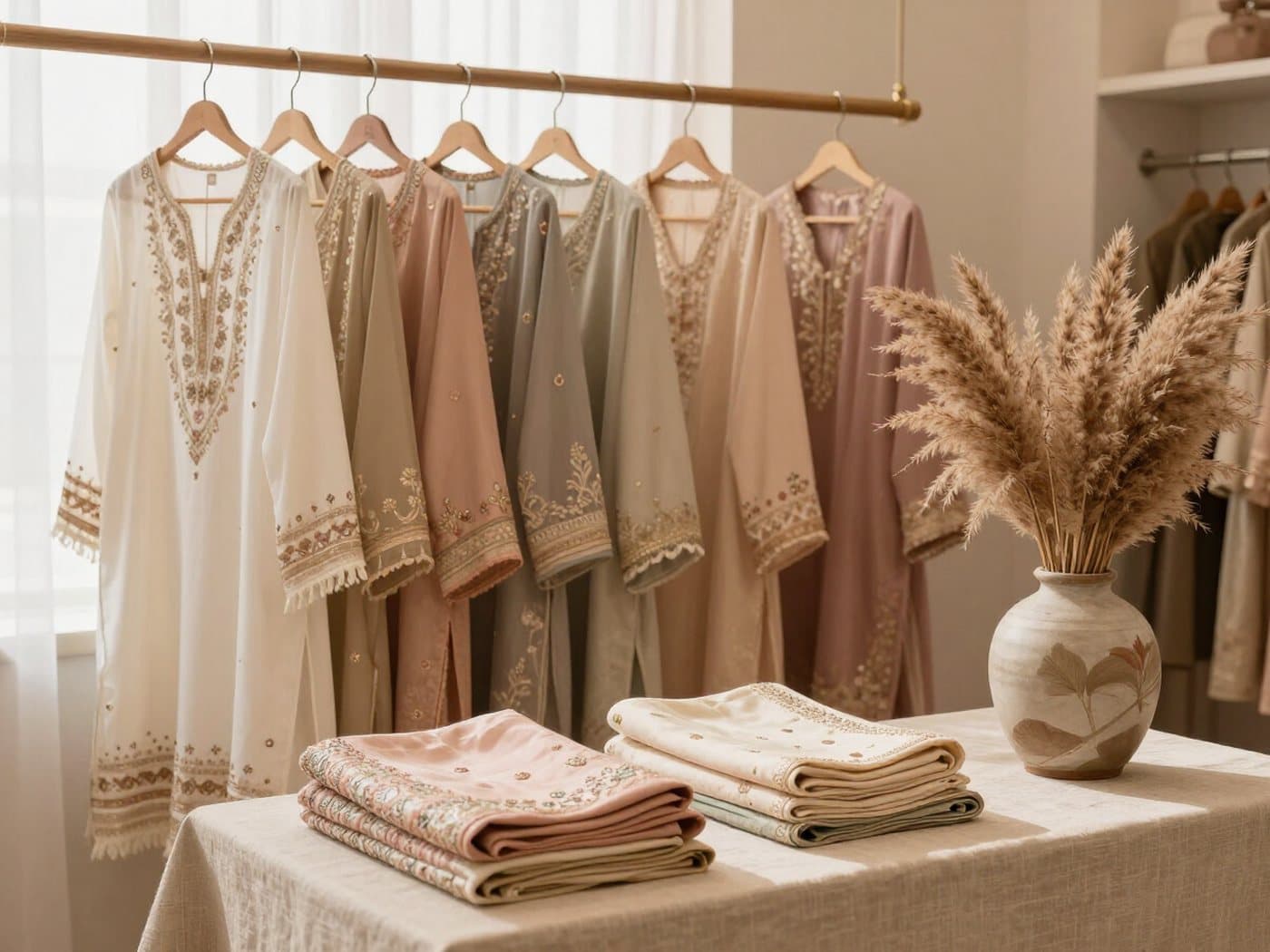 Inside the Light & Grace boutique - a rail of ivory, blush and champagne garments